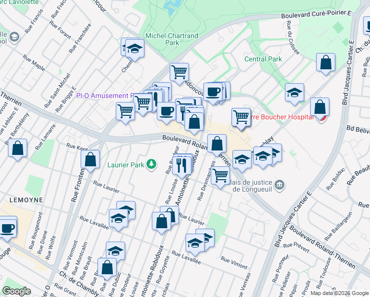 map of restaurants, bars, coffee shops, grocery stores, and more near 753 Rue Louise in Longueuil