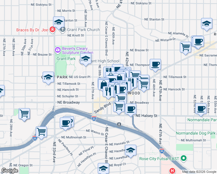 map of restaurants, bars, coffee shops, grocery stores, and more near 3913 Northeast Hancock Street in Portland