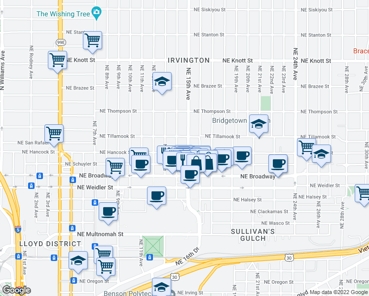 map of restaurants, bars, coffee shops, grocery stores, and more near 2002 Northeast 15th Avenue in Portland