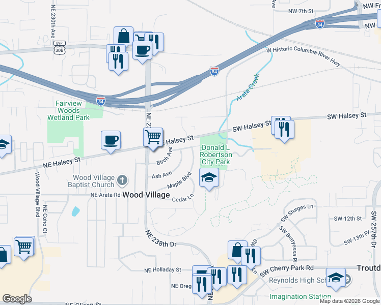 map of restaurants, bars, coffee shops, grocery stores, and more near 138 Maple Boulevard in Wood Village