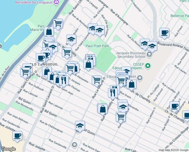 map of restaurants, bars, coffee shops, grocery stores, and more near 585 Rue Grant in Longueuil