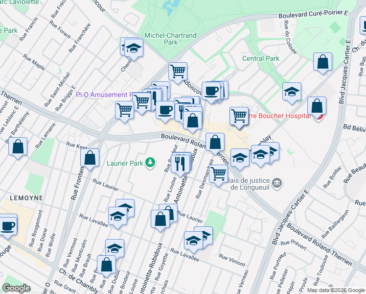 map of restaurants, bars, coffee shops, grocery stores, and more near 753 Rue Louise in Longueuil