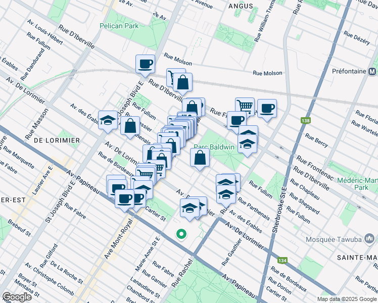 map of restaurants, bars, coffee shops, grocery stores, and more near 4459 Rue Messier in Montréal
