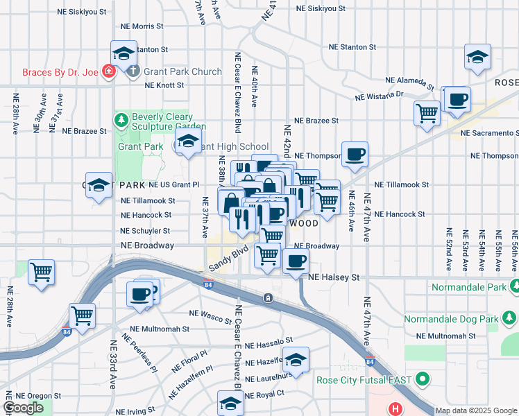 map of restaurants, bars, coffee shops, grocery stores, and more near 1926 Northeast 40th Avenue in Portland