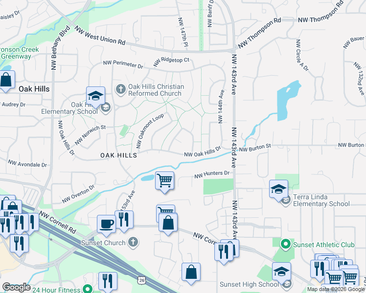 map of restaurants, bars, coffee shops, grocery stores, and more near 14744 Northwest Bonneville Place in Beaverton