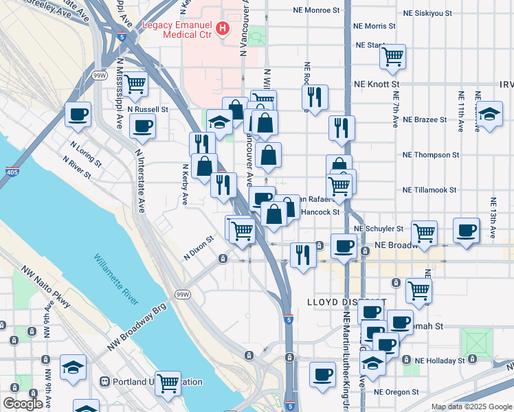 map of restaurants, bars, coffee shops, grocery stores, and more near 1931 North Williams Avenue in Portland