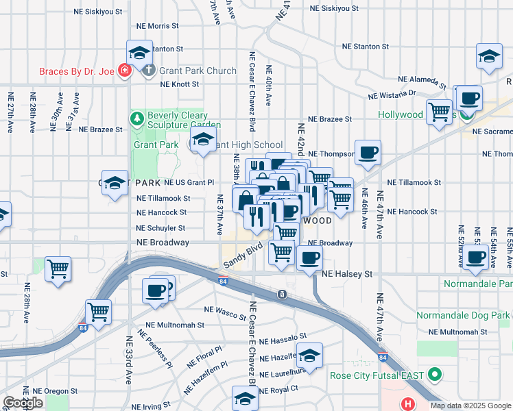 map of restaurants, bars, coffee shops, grocery stores, and more near 1926 Northeast 40th Avenue in Portland