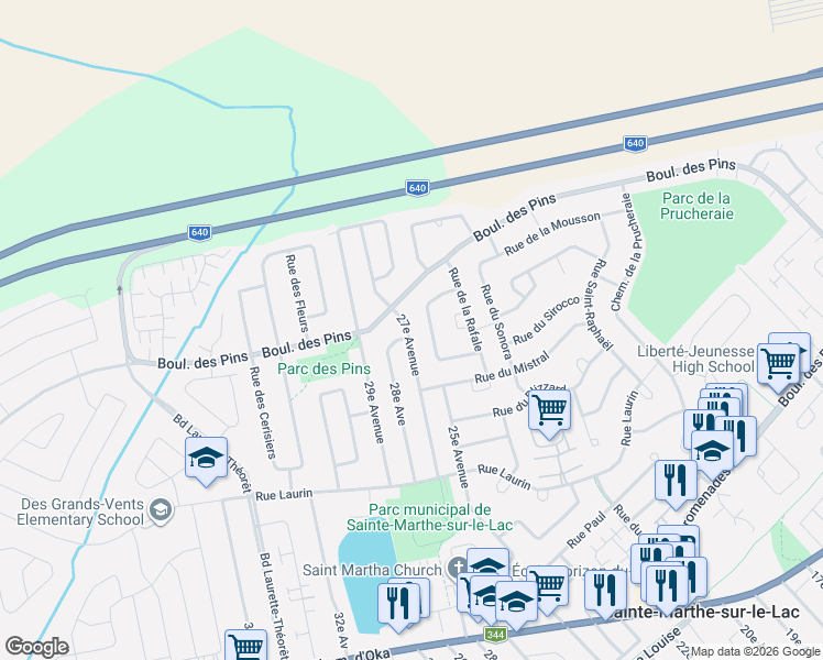 map of restaurants, bars, coffee shops, grocery stores, and more near 485 Domaine 27e Avenue in Sainte-Marthe-sur-le-Lac