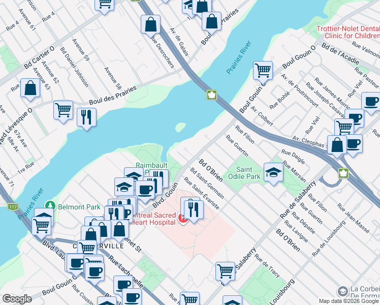 map of restaurants, bars, coffee shops, grocery stores, and more near 12335 Place de la Capricieuse in Montréal