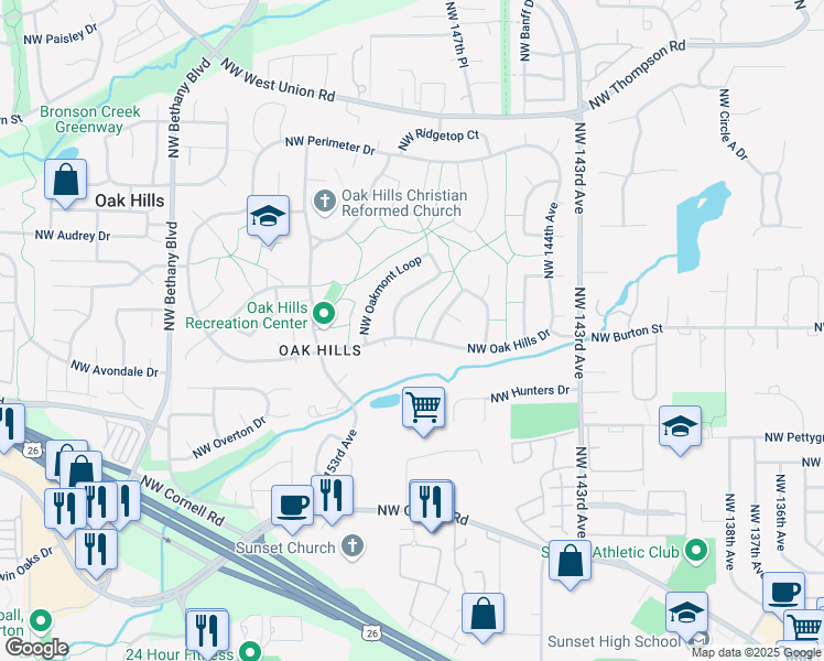 map of restaurants, bars, coffee shops, grocery stores, and more near 14855 Northwest Bonneville Loop in Beaverton