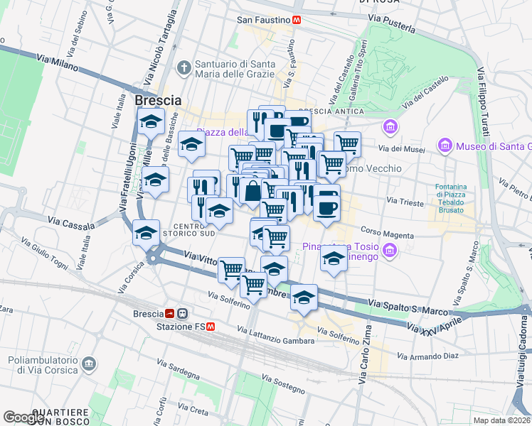 map of restaurants, bars, coffee shops, grocery stores, and more near 1 Vicolo del Carro in Brescia