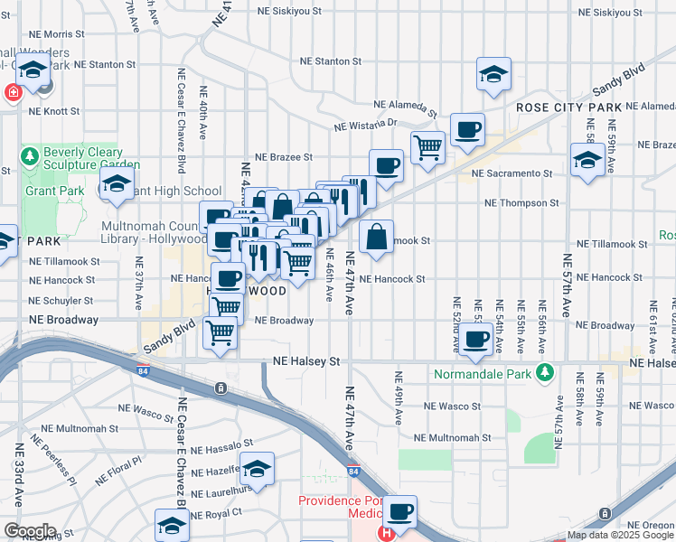 map of restaurants, bars, coffee shops, grocery stores, and more near 1910 Northeast 46th Avenue in Portland