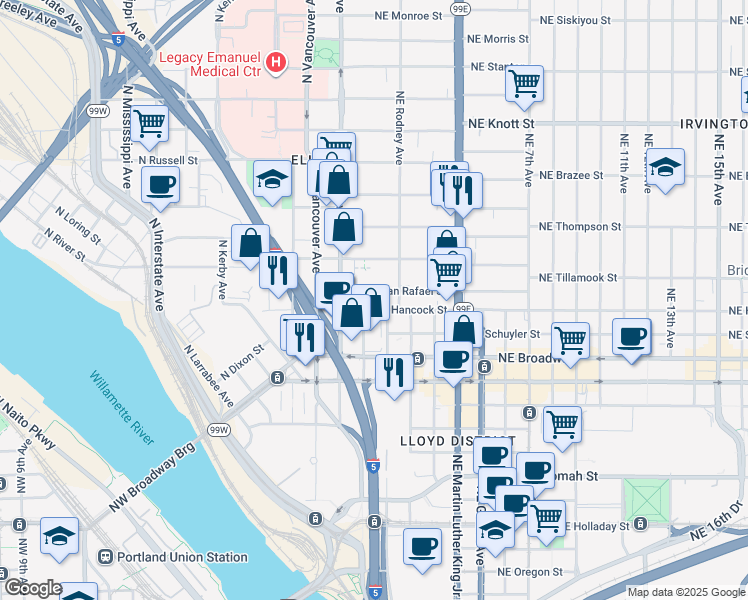 map of restaurants, bars, coffee shops, grocery stores, and more near 57 Northeast Hancock Street in Portland