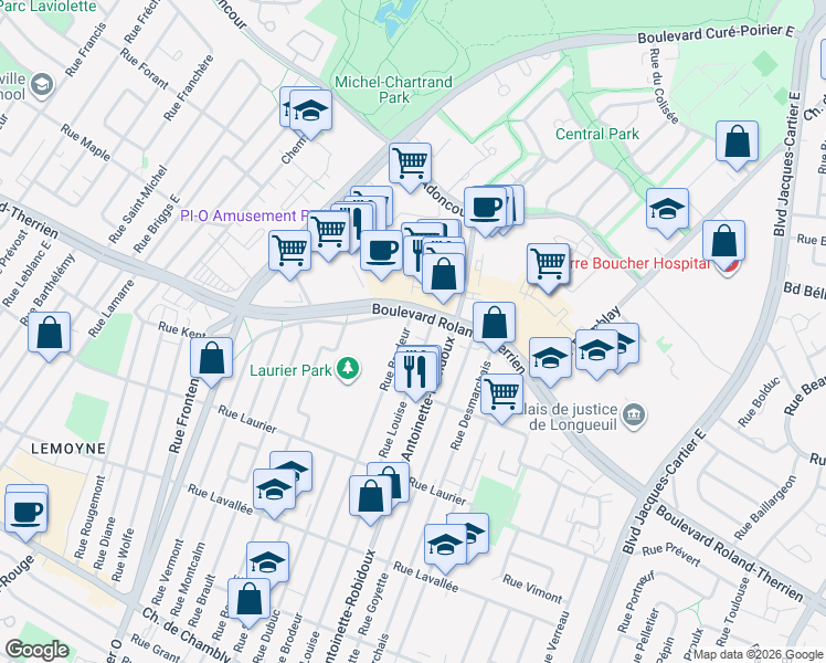 map of restaurants, bars, coffee shops, grocery stores, and more near 740 Rue Brodeur in Longueuil