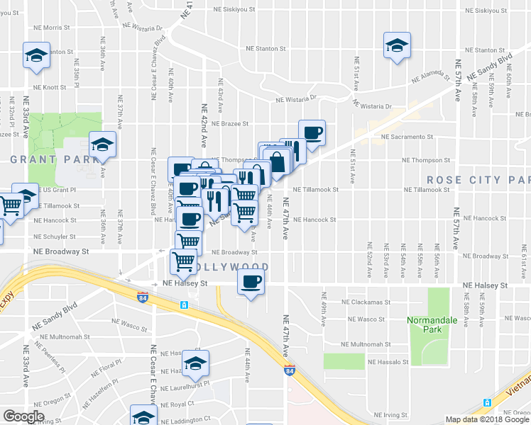 map of restaurants, bars, coffee shops, grocery stores, and more near 1915 Northeast 46th Avenue in Portland