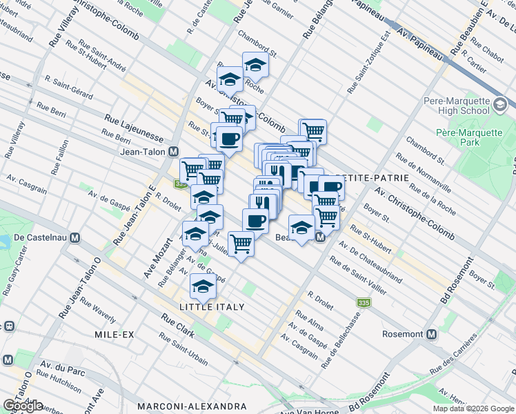 map of restaurants, bars, coffee shops, grocery stores, and more near 6745 Rue de Saint-Vallier in Montréal