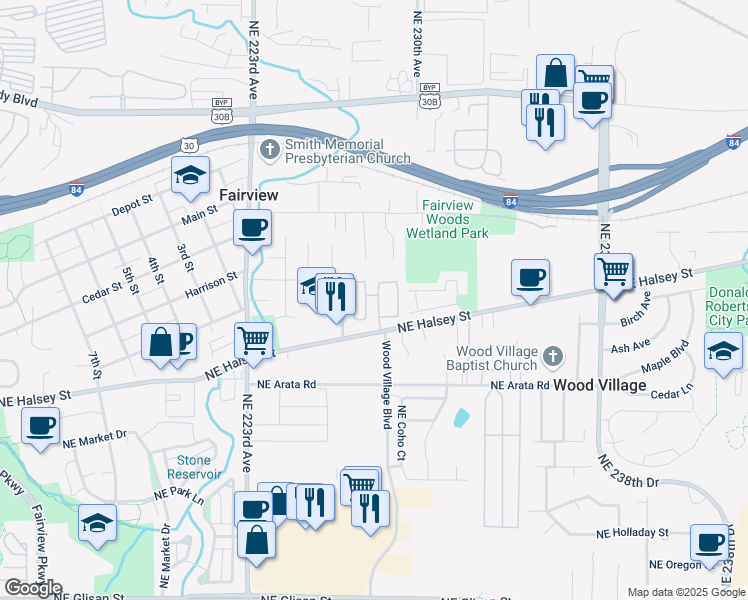 map of restaurants, bars, coffee shops, grocery stores, and more near 2013 Northeast 228th Court in Fairview