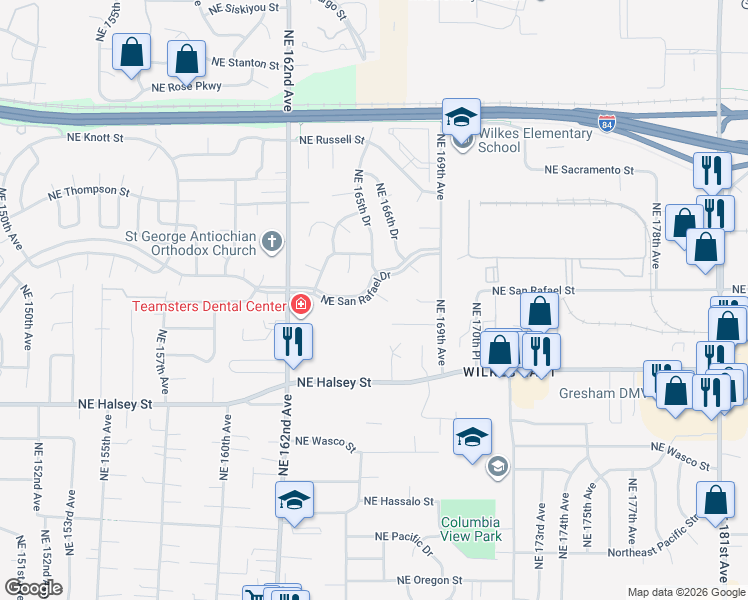 map of restaurants, bars, coffee shops, grocery stores, and more near 1932 Northeast 165th Place in Portland