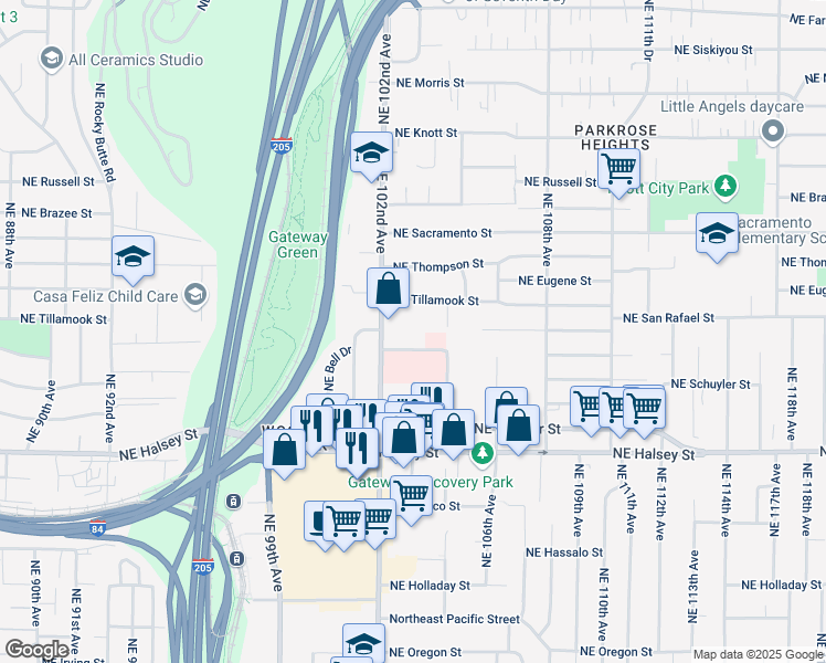 map of restaurants, bars, coffee shops, grocery stores, and more near 2020 Northeast 102nd Avenue in Portland