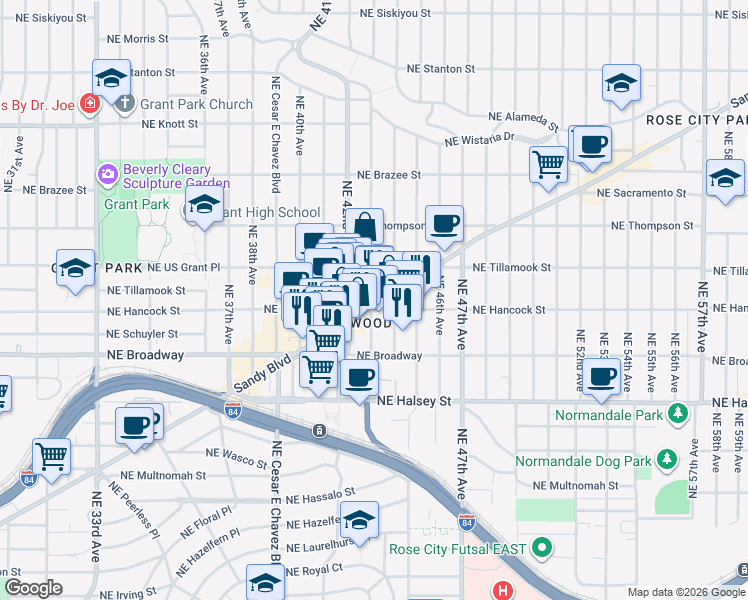 map of restaurants, bars, coffee shops, grocery stores, and more near 4233 Northeast Sandy Boulevard in Portland