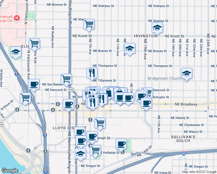 map of restaurants, bars, coffee shops, grocery stores, and more near 2004 Northeast 9th Avenue in Portland
