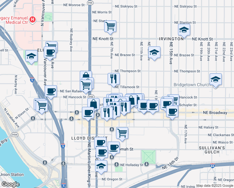 map of restaurants, bars, coffee shops, grocery stores, and more near 2007 Northeast 8th Avenue in Portland