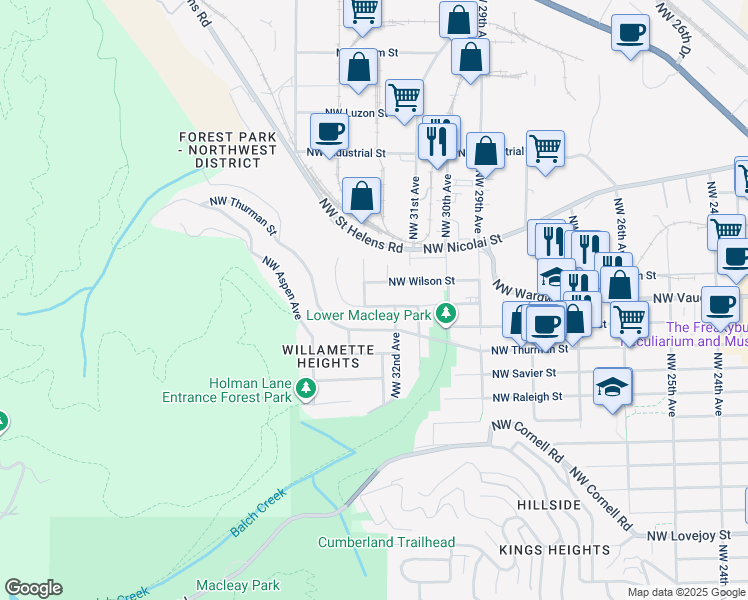 map of restaurants, bars, coffee shops, grocery stores, and more near 3148 Northwest Wilson Street in Portland