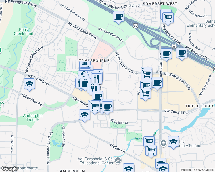 map of restaurants, bars, coffee shops, grocery stores, and more near 2174 Northeast Thorncroft Drive in Hillsboro