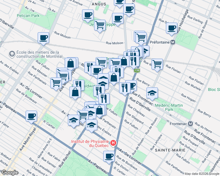 map of restaurants, bars, coffee shops, grocery stores, and more near 2495 Rue Rachel Est in Montréal
