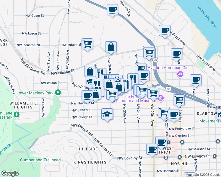 map of restaurants, bars, coffee shops, grocery stores, and more near NW Vaughn St & NW 26th Ave in Portland