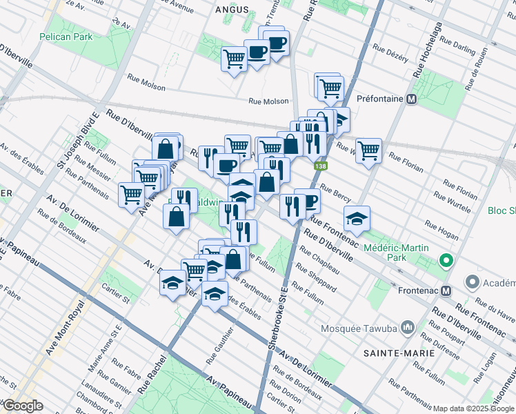 map of restaurants, bars, coffee shops, grocery stores, and more near 2495 Rue Rachel Est in Montréal