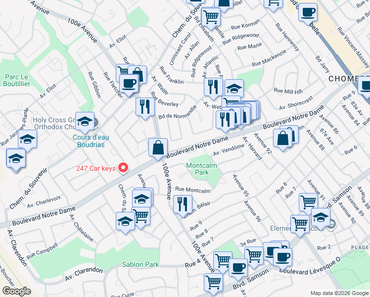 map of restaurants, bars, coffee shops, grocery stores, and more near Boulevard Notre Dame in Laval