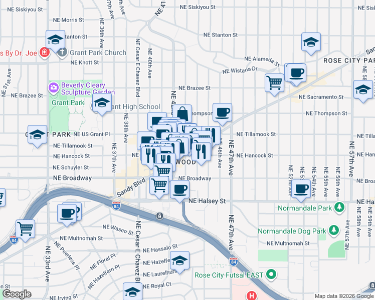 map of restaurants, bars, coffee shops, grocery stores, and more near 4233 Northeast Sandy Boulevard in Portland