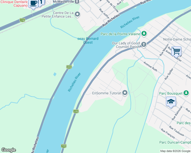 map of restaurants, bars, coffee shops, grocery stores, and more near 1321 Chemin des Patriotes in Otterburn Park