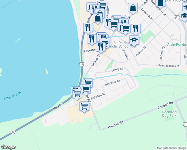 map of restaurants, bars, coffee shops, grocery stores, and more near 2947 Fontaine Place in Clarence-Rockland