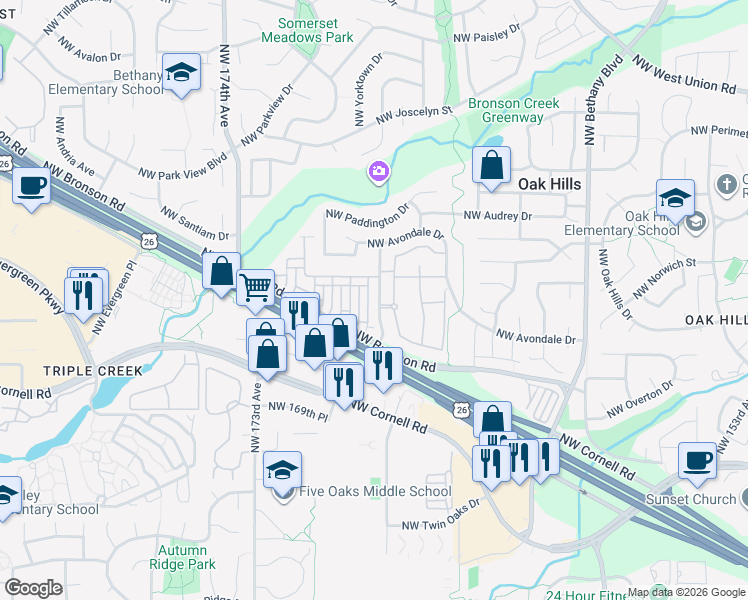 map of restaurants, bars, coffee shops, grocery stores, and more near 2417 Northwest 168th Place in Beaverton