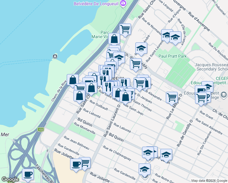 map of restaurants, bars, coffee shops, grocery stores, and more near 200 Rue Saint-Thomas in Longueuil