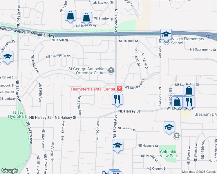 map of restaurants, bars, coffee shops, grocery stores, and more near 16011 Northeast Hancock Street in Portland