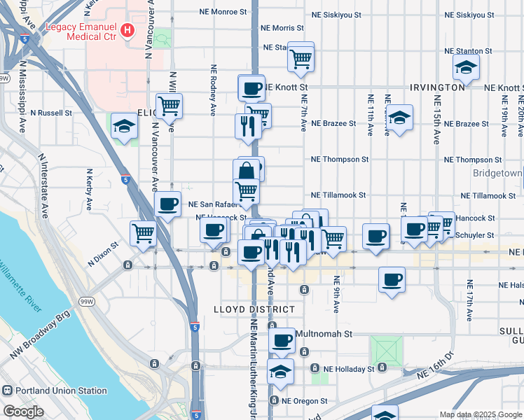 map of restaurants, bars, coffee shops, grocery stores, and more near 1900 Northeast Martin Luther King Junior Boulevard in Portland