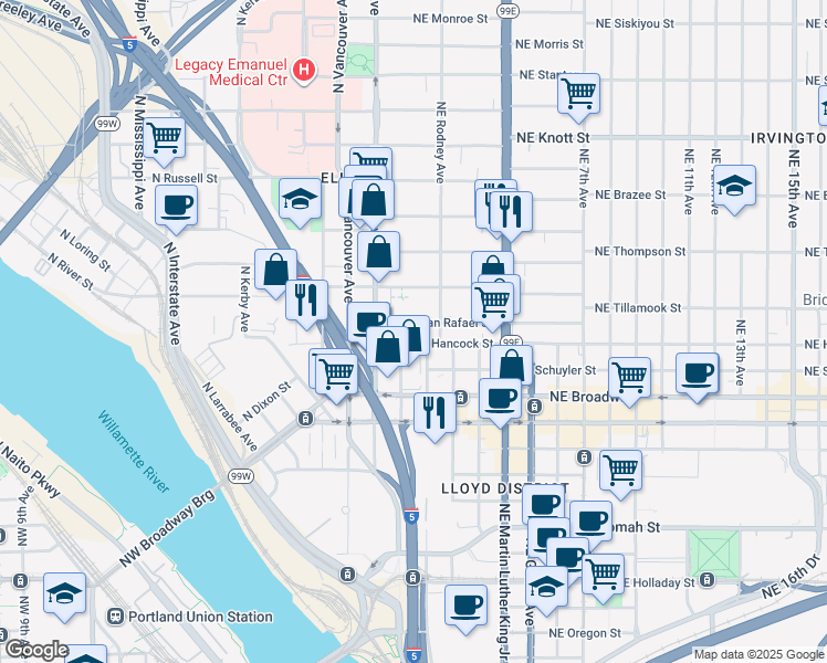 map of restaurants, bars, coffee shops, grocery stores, and more near 57 Northeast Hancock Street in Portland
