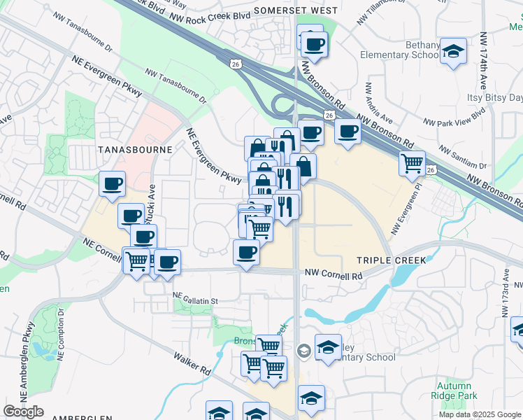 map of restaurants, bars, coffee shops, grocery stores, and more near 2303 Northwest 185th Avenue in Hillsboro