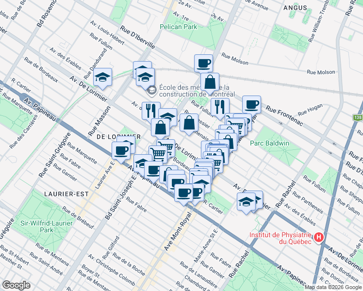 map of restaurants, bars, coffee shops, grocery stores, and more near 4737 Avenue De Lorimier in Montréal
