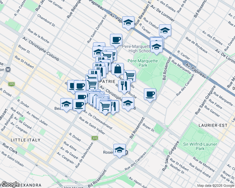 map of restaurants, bars, coffee shops, grocery stores, and more near 6243 Avenue Christophe-Colomb in Montréal
