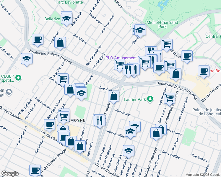 map of restaurants, bars, coffee shops, grocery stores, and more near 625 Rue Frontenac in Longueuil