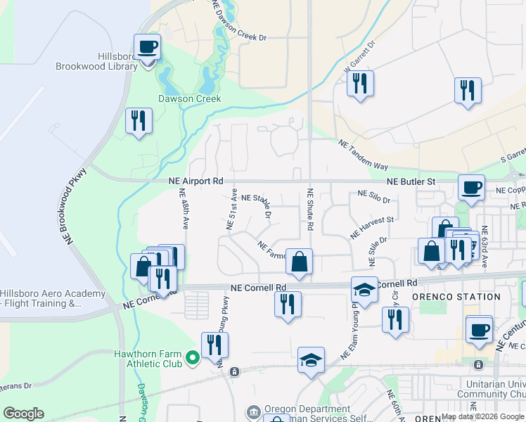 map of restaurants, bars, coffee shops, grocery stores, and more near 1642 Northeast 52nd Court in Hillsboro