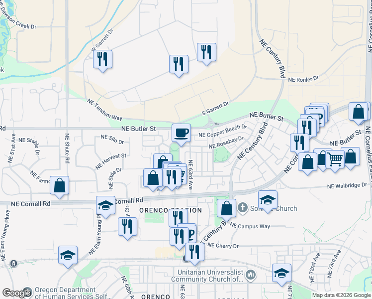 map of restaurants, bars, coffee shops, grocery stores, and more near 6258 Northeast Rosebay Drive in Hillsboro