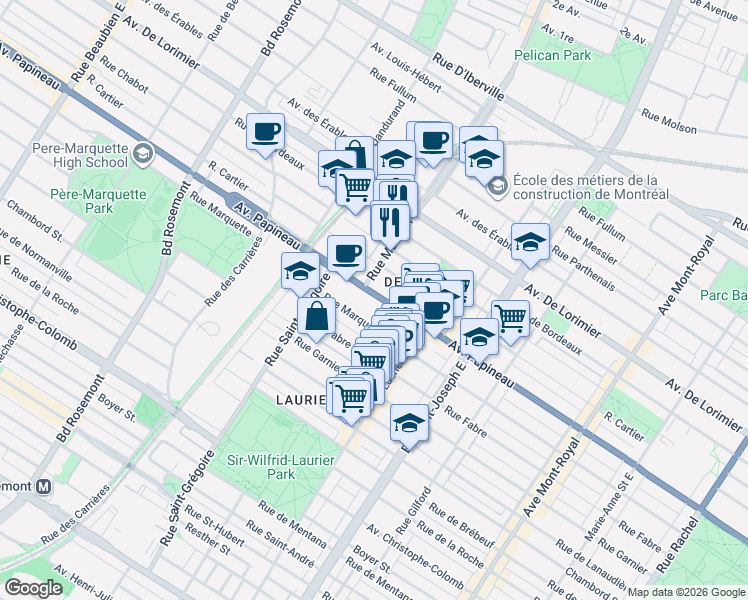 map of restaurants, bars, coffee shops, grocery stores, and more near 5280 Avenue Papineau in Montréal