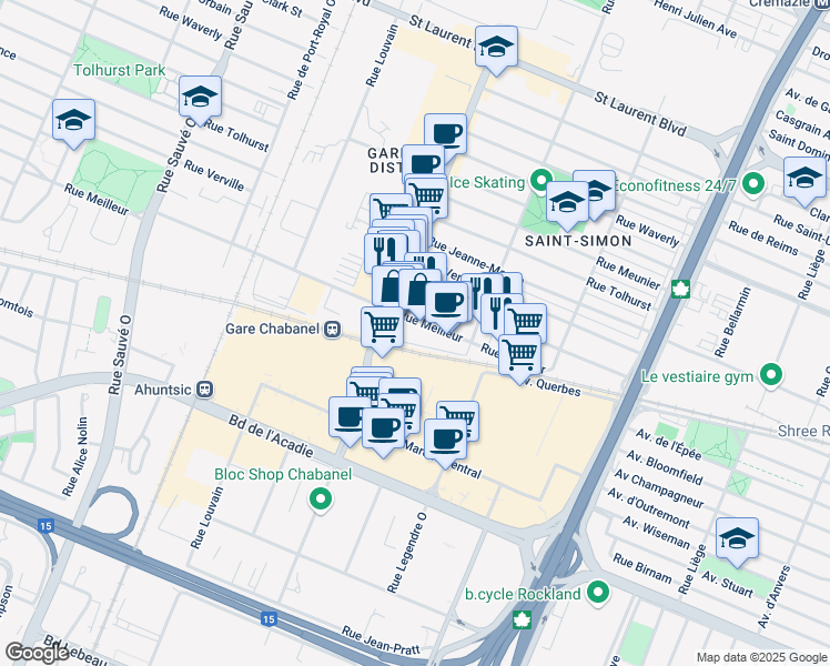 map of restaurants, bars, coffee shops, grocery stores, and more near in Montréal