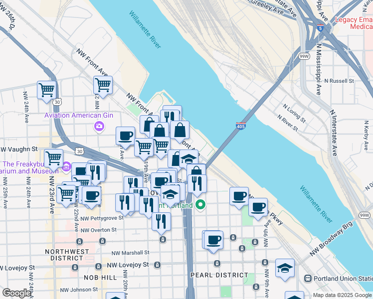 map of restaurants, bars, coffee shops, grocery stores, and more near 2030 Northwest 17th Avenue in Portland