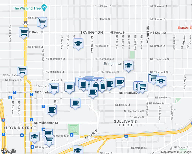 map of restaurants, bars, coffee shops, grocery stores, and more near 2002 Northeast 15th Avenue in Portland